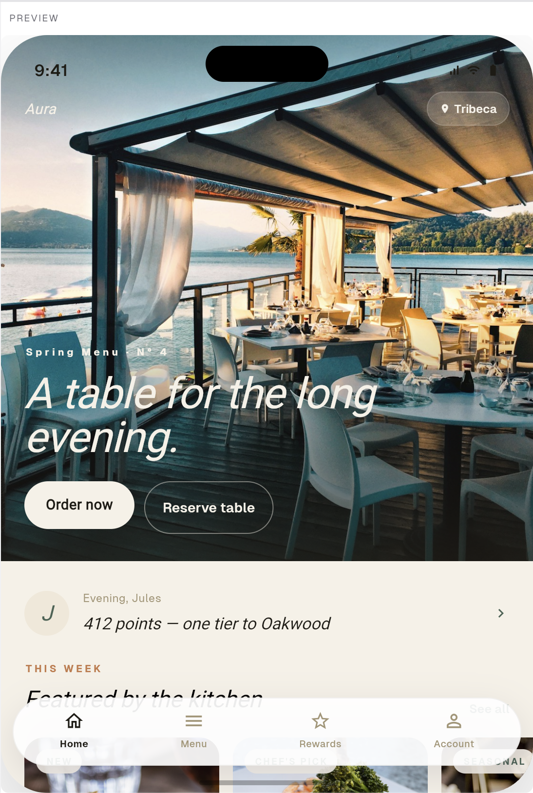 Aura mobile — Spring Menu, A table for the long evening.